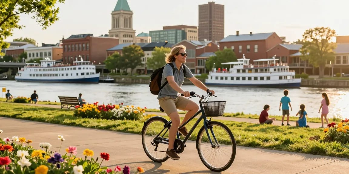 Discover travel ideas from Evansville, Indiana, with a traveler biking along the scenic riverfront in golden hour light.