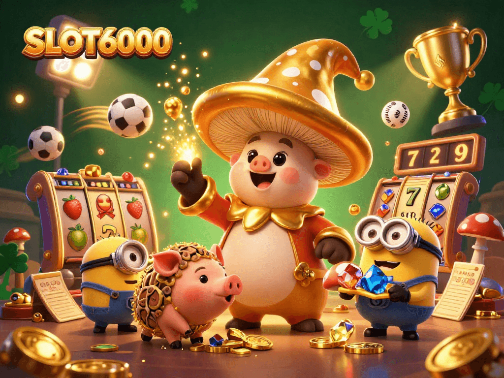SLOT6000 showcases a vibrant casino scene with gold, slot reels, and enchanting magical elements for a thrilling gambling experience.