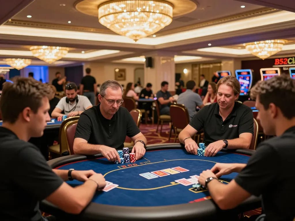 B52club guests enjoying thrilling poker games with vibrant atmosphere and strategic gameplay.
