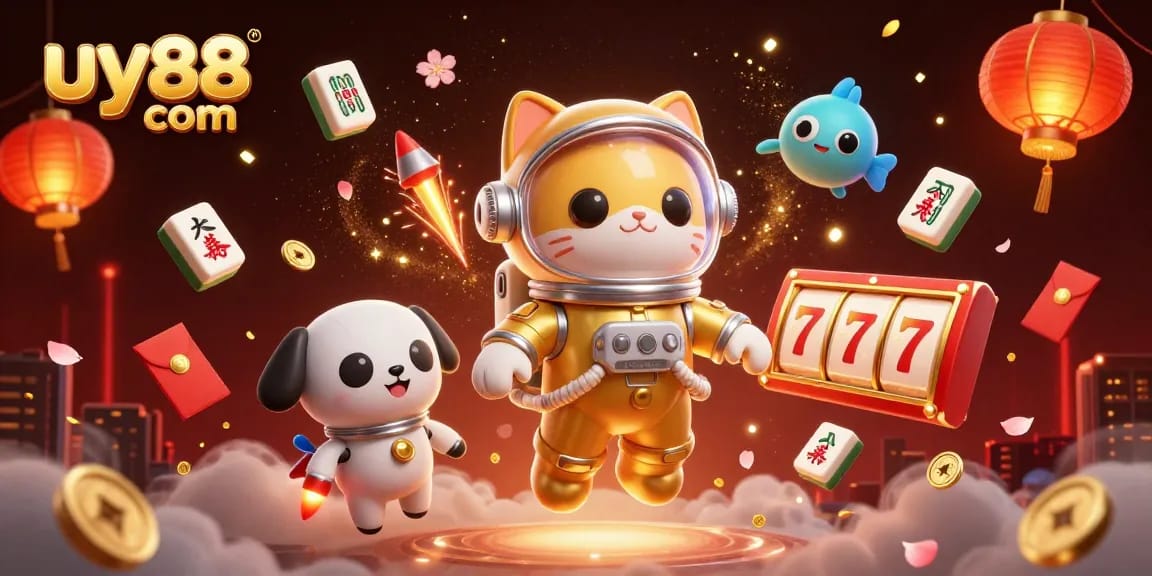 Experience thrilling gaming at uy88 com with an astronaut cat and robot dog among vibrant casino elements.