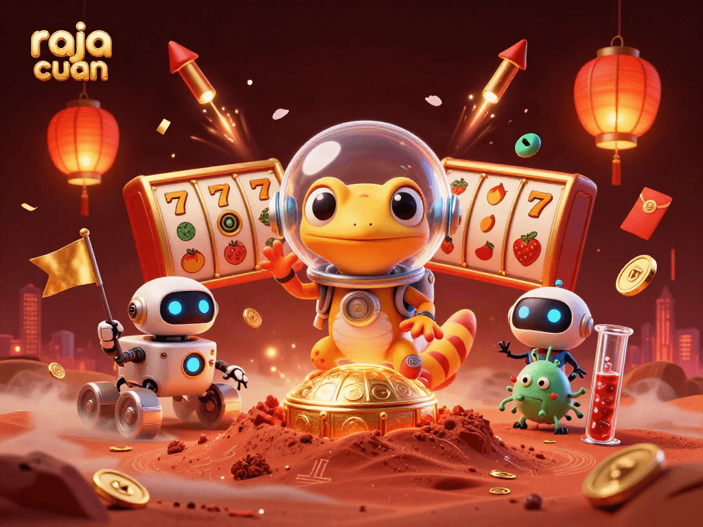 Engage in thrilling slots featuring raja cuan with a joyful Martian gecko in an alien casino scene.