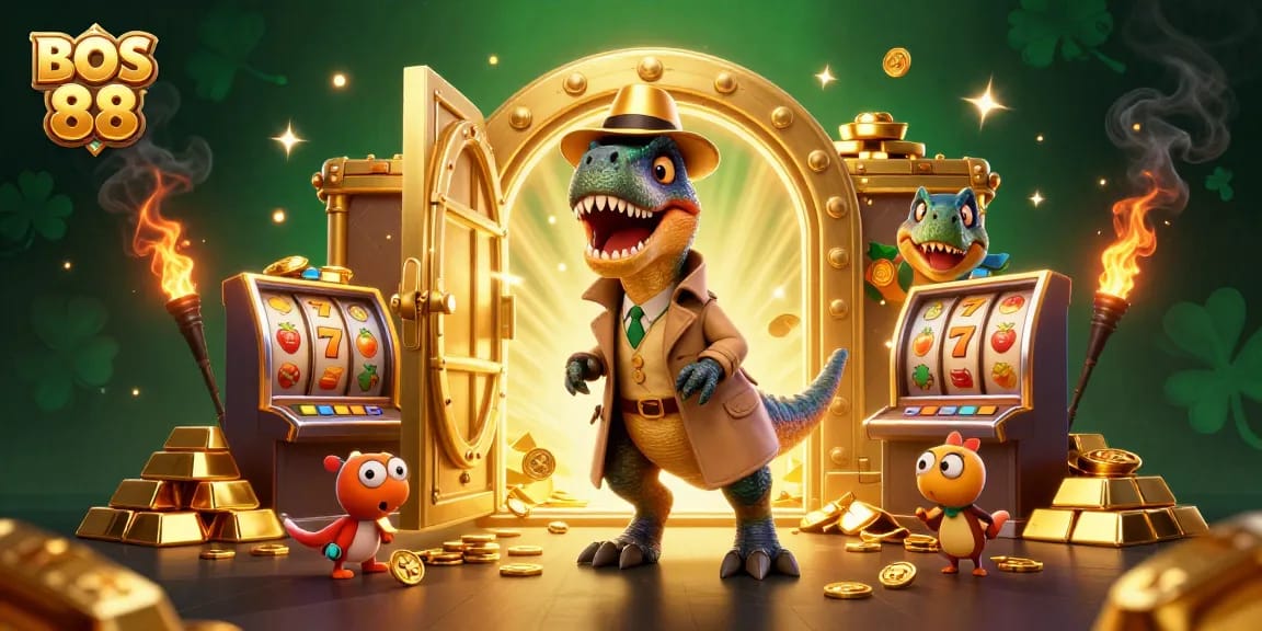 Bermain slot online di BOS 88 dengan seru, memperlihatkan karakter unik di meja permainan dan suasana bertabur harta.