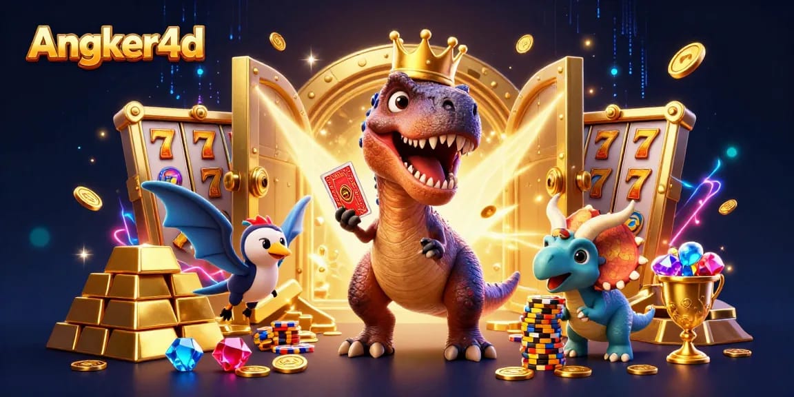 Menangkan permainan slot dengan Angker4d bersama T-Rex, pterodactyl, dan triceratops yang penuh emas!