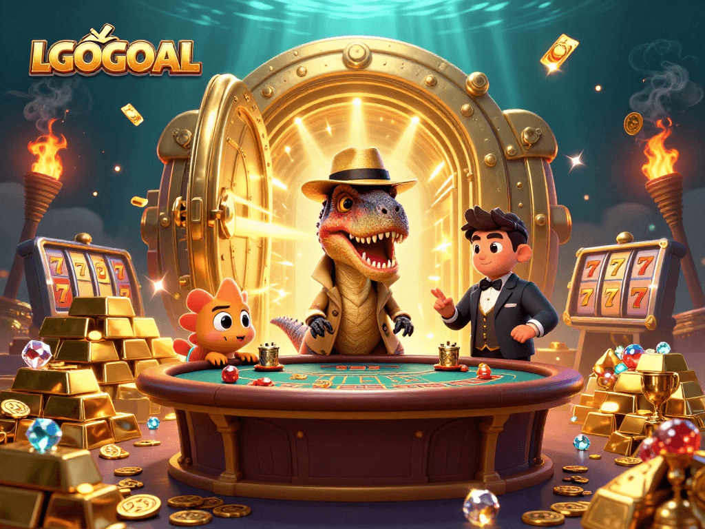 Engage with LGOGOAL's thrilling 3D casino scene featuring velociraptor card counters and slot elements.