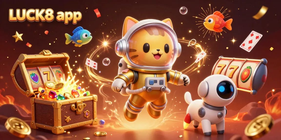 Experience the excitement of games with the LUCK8 app as characters burst with energy amid gold coins.