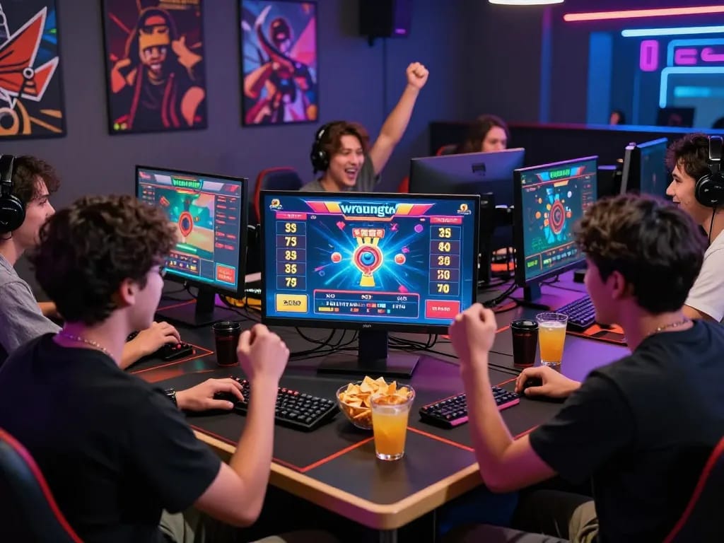 Friends engaged in wraungtoto online gaming with vibrant visuals and snacks