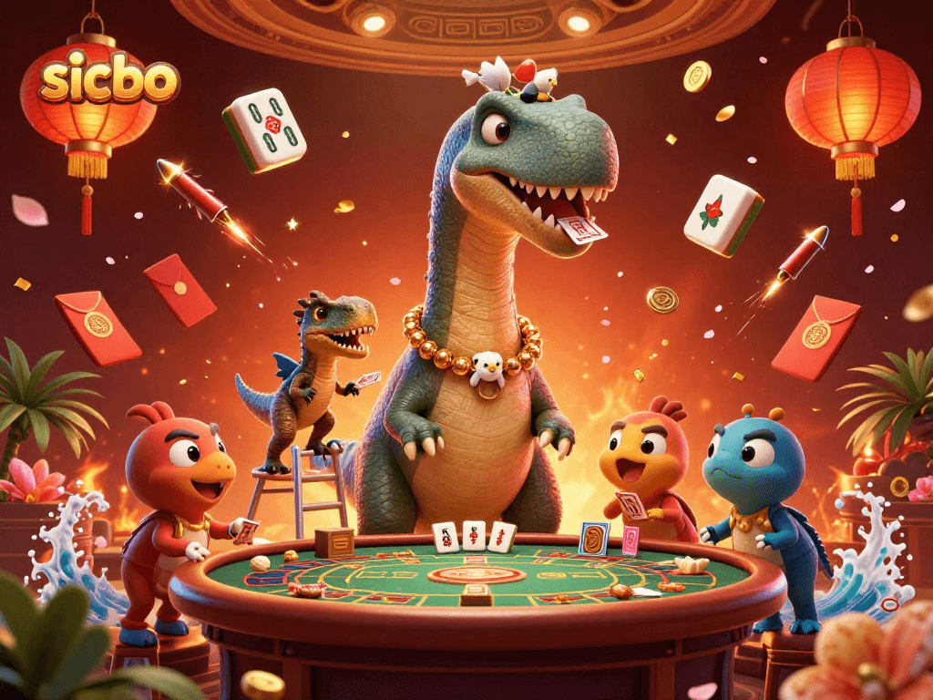 Experience the excitement of Sicbo with a vibrant casino scene, showcasing dynamic characters and festive elements.