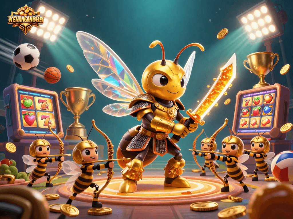 Experience thrilling gameplay with KENANGAN889 showcasing a golden hornet samurai amidst dynamic casino elements.