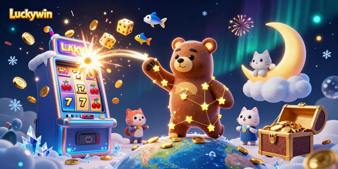 Experience the thrill of Luckywin with vibrant slot machine action and enchanting cosmic characters in this 3D illustration.