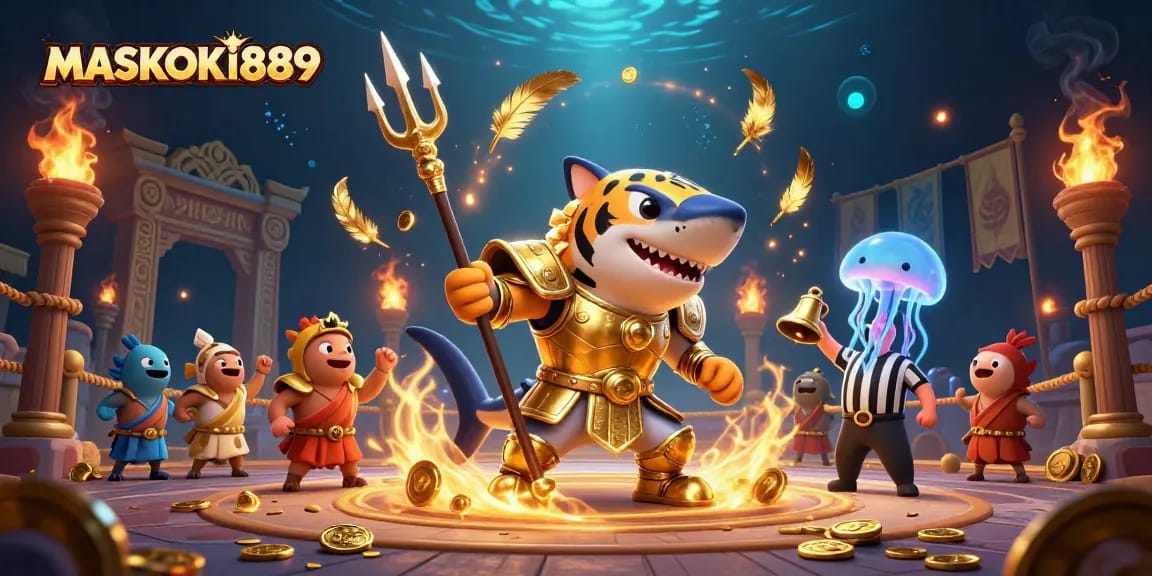 Maskoki889 gaming excitement featuring a golden gladiator shark in an underwater colosseum.