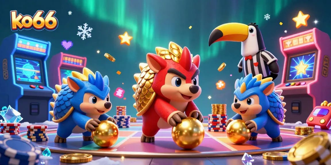 Engage in thrilling games with ko66, where rival pangolins compete amid colorful casino elements.