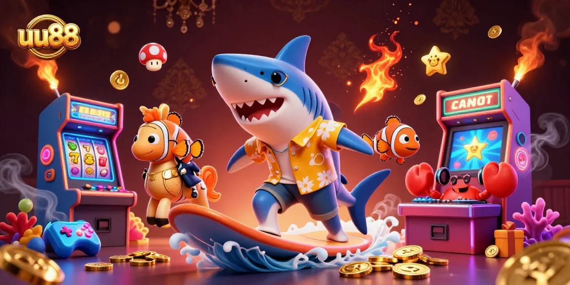 Join the fun at uu88 with a cartoon shark surfing on gold coins, surrounded by slot reels and vibrant gaming elements.