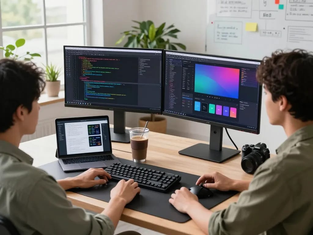 快连 software developer coding in a bright office, showcasing advanced technology and a modern workspace.