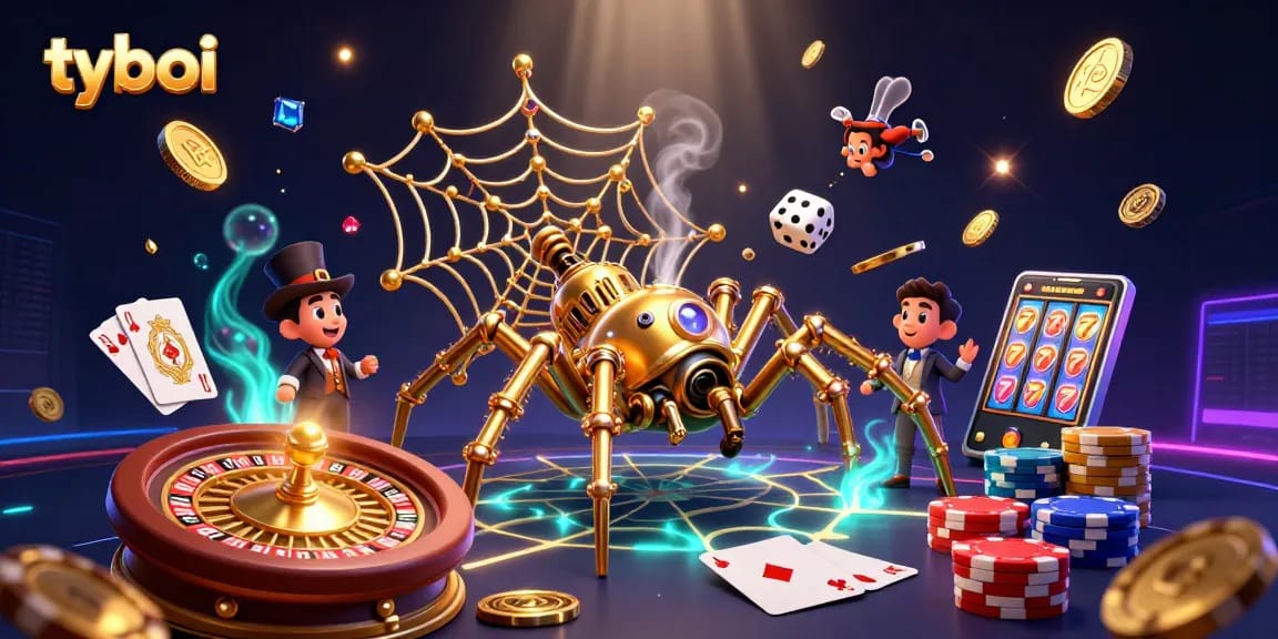 Experience thrilling gameplay with tyboi as a golden spider spins luck in a vibrant casino web