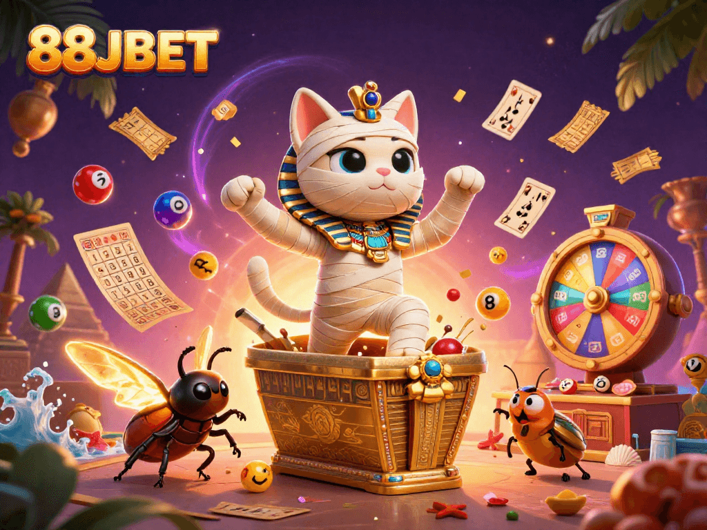 Play exciting games at 88JBET, featuring an Egyptian mummy cat in a dynamic casino setting.