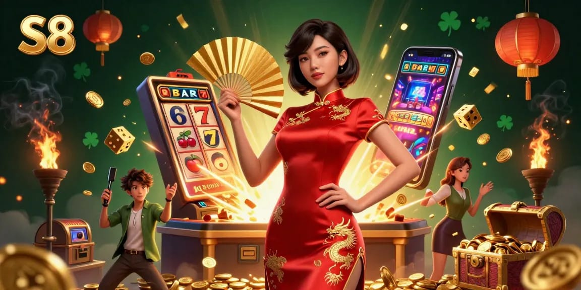 S8 captivates players with a vibrant casino atmosphere featuring a stunning Asian woman and engaging gaming elements.