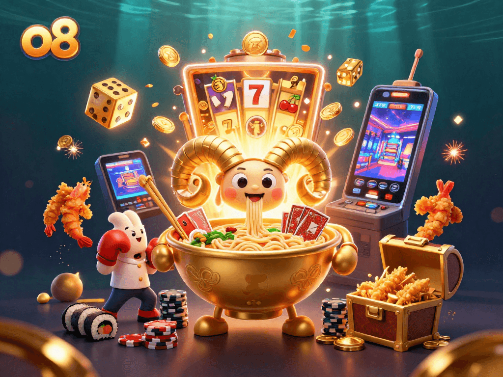 Engage with the thrilling energy at o8 with vibrant 3D gaming characters, a slot machine, and exciting casino elements.