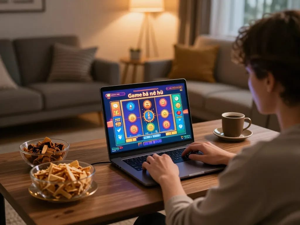 Engaging in Game bài nổ hũ while enjoying a cozy online gaming night at home.