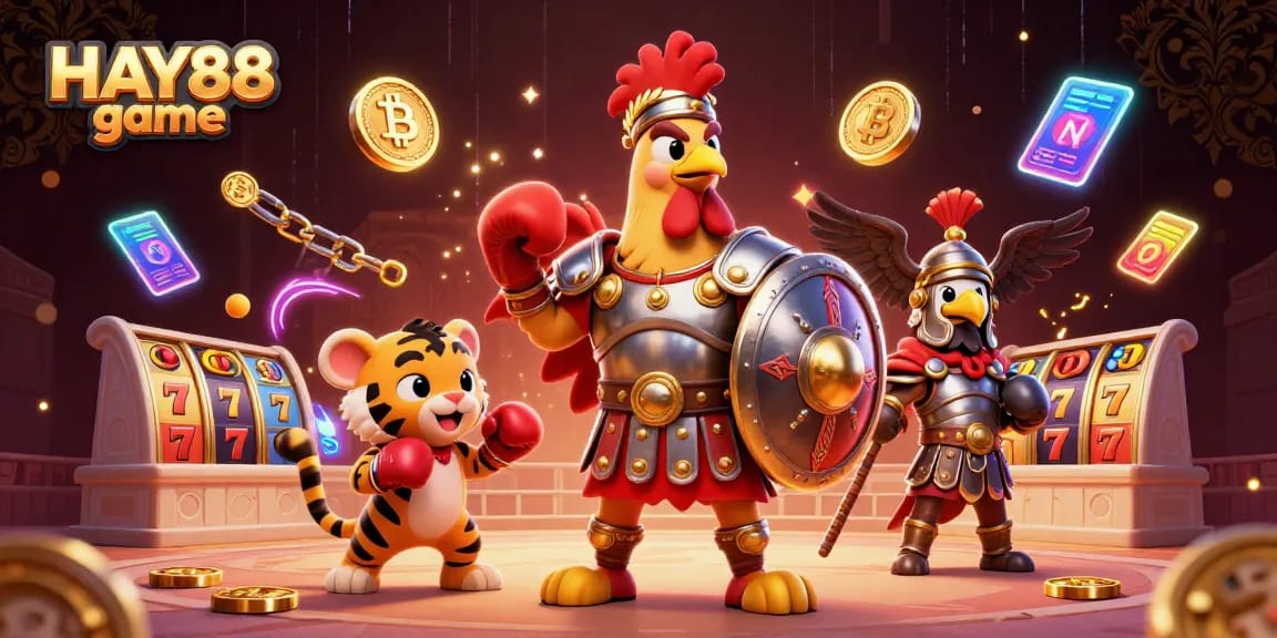 Win big with HAY88 game as the rooster gladiator battles in a vibrant colosseum!