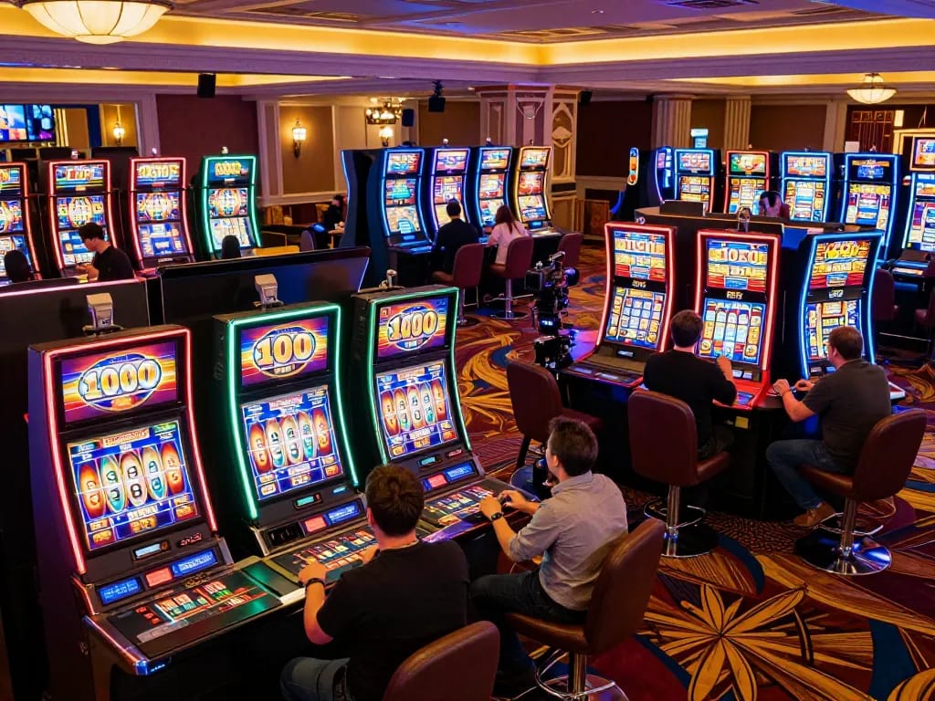 Engaged players enjoying slot bet 100 at lively casino, highlighting excitement and vibrant atmosphere.