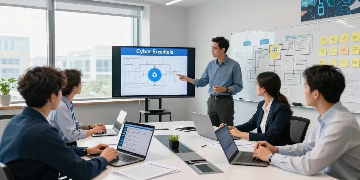 Cyber Essentials strategy meeting with professionals discussing compliance and security metrics in a modern office.