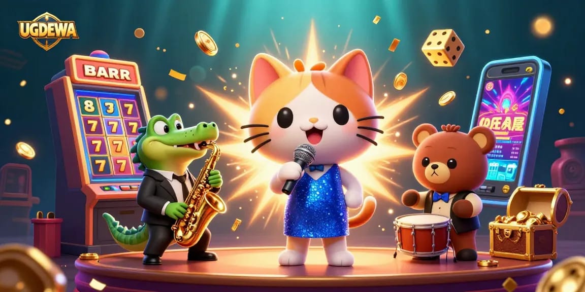 UGDEWA brings vibrant casino gaming to life with cartoon characters singing and playing music amidst jackpot-winning slot machines and colorful games