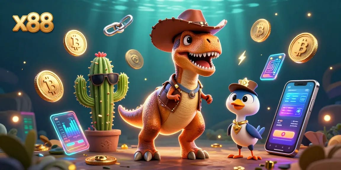 Spin and win at x88 with vibrant cartoon scenes of gambling excitement featuring a T-Rex and crypto coins.