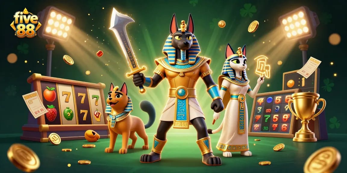 Experience thrilling wins at five 88 with illustrated ancient Egyptian characters and dynamic slot elements.