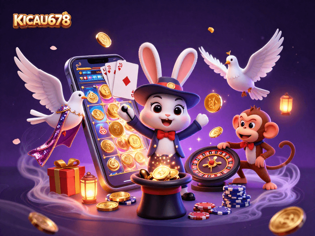 KICAU678's vibrant casino scene captures a magical rabbit, dove, and monkey amidst golden coins and exciting game elements.