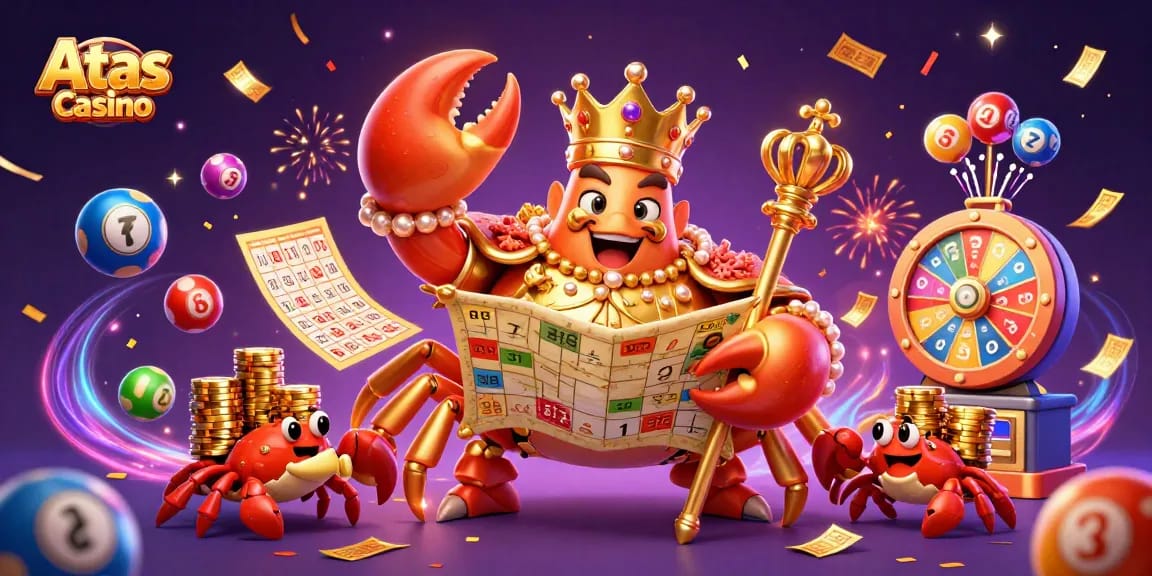 Atas Casino displays a lavish 3D scene with a golden crab emperor, treasure map, and colorful gaming elements.