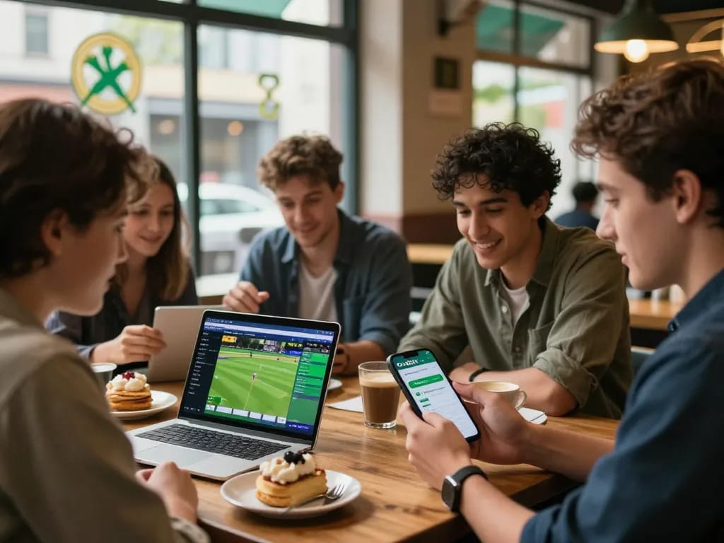 Friends enjoying crickex download at café while watching live cricket scores and betting.