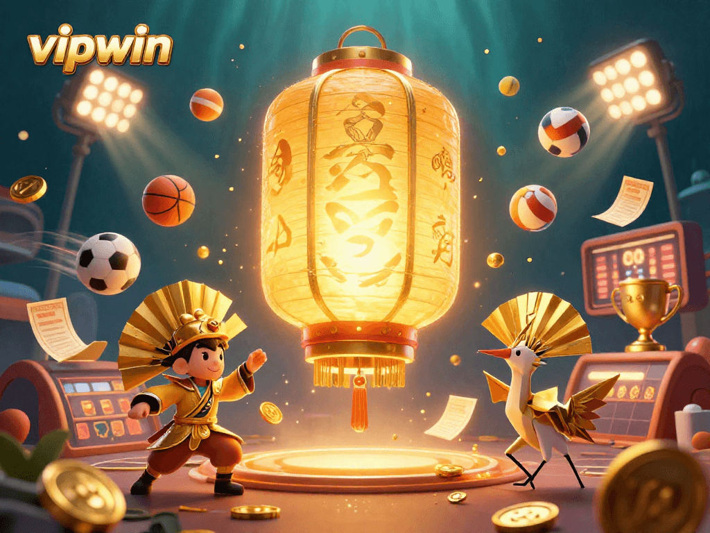 Experience dynamic winning moments at vipwin with a vibrant 3D casino scene featuring sports elements and golden lantern spirit.