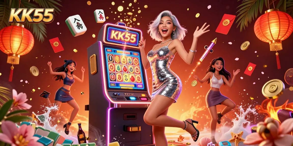 Celebrate a jackpot at KK55 casino with vibrant lights, golden coins, and festive decorations.