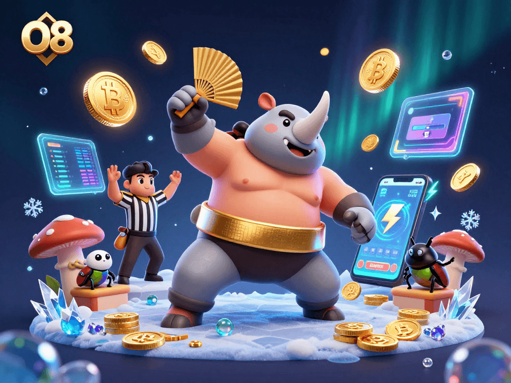 Experience O8 gaming action with a vibrant scene showcasing a sumo beetle champion amidst flying winnings.