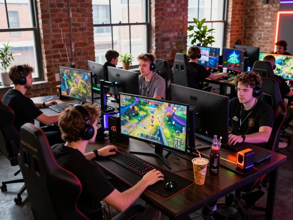 Engaged gamers in a competitive mantra88 tournament with vibrant LED lighting and intense atmosphere.