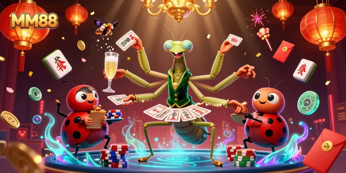 Experience MM88's vibrant casino scene with 3D card sharp and lively game elements.