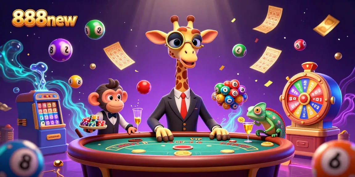 Experience the excitement of 888new with a vibrant casino scene featuring unique characters and dynamic elements.