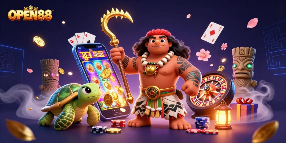 Engage with online gaming at OPEN88 featuring vibrant characters and casino elements in an immersive 3D scene.