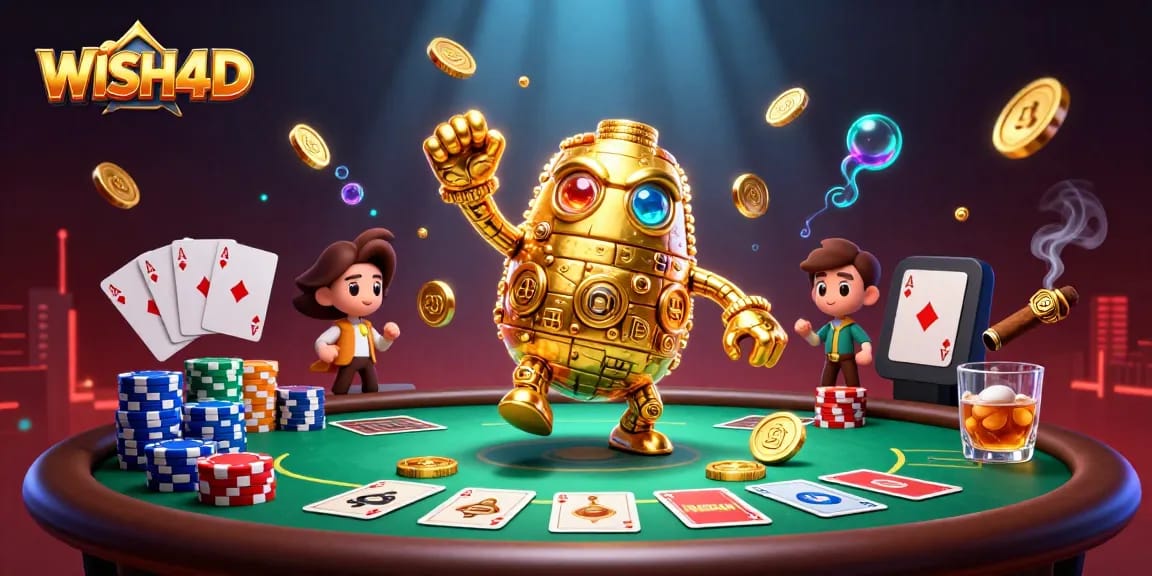 Experience thrilling gameplay in WISH4D with a dynamic casino scene featuring a golden golem and poker elements.