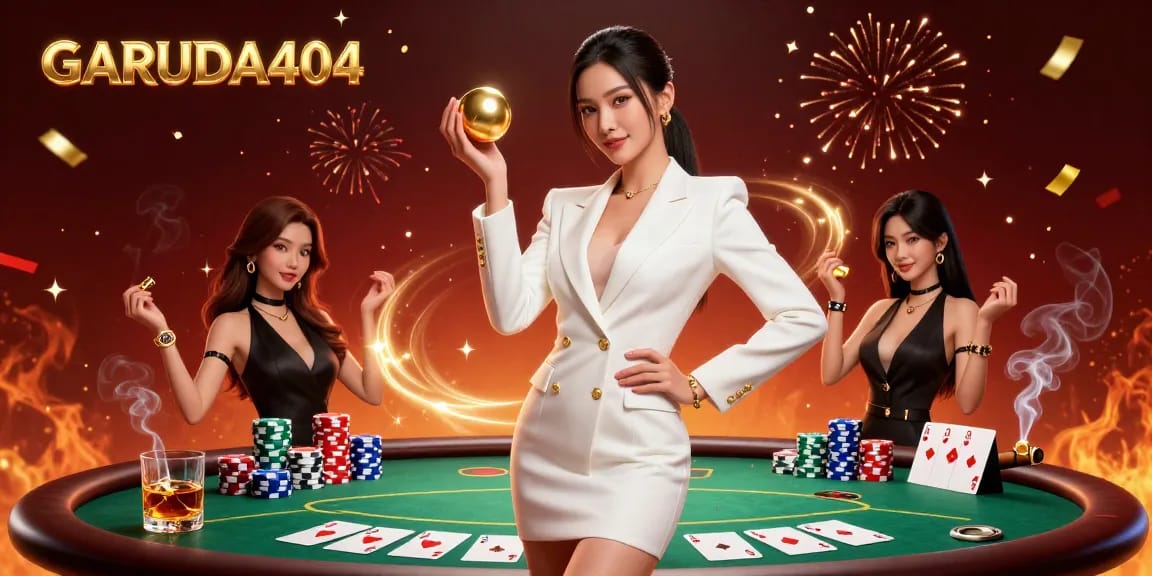 Experience the thrill of GARUDA404 with a dazzling casino scene showcasing poker and golden roulette action.