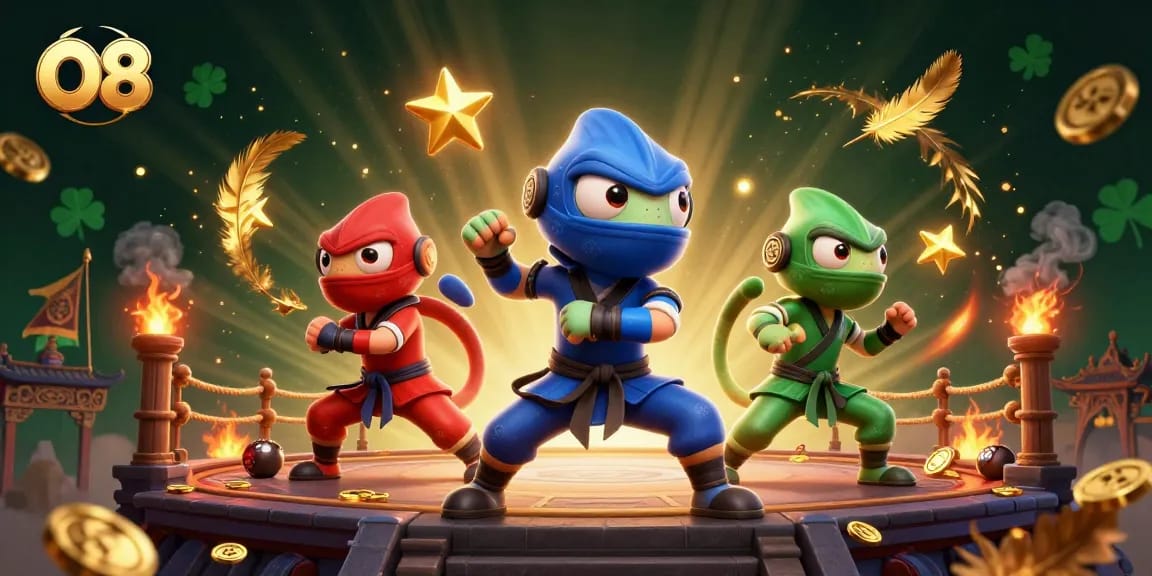 O8 captures the thrill of gaming with a dynamic trio of ninja chameleons in action, showcasing an exciting atmosphere of betting.