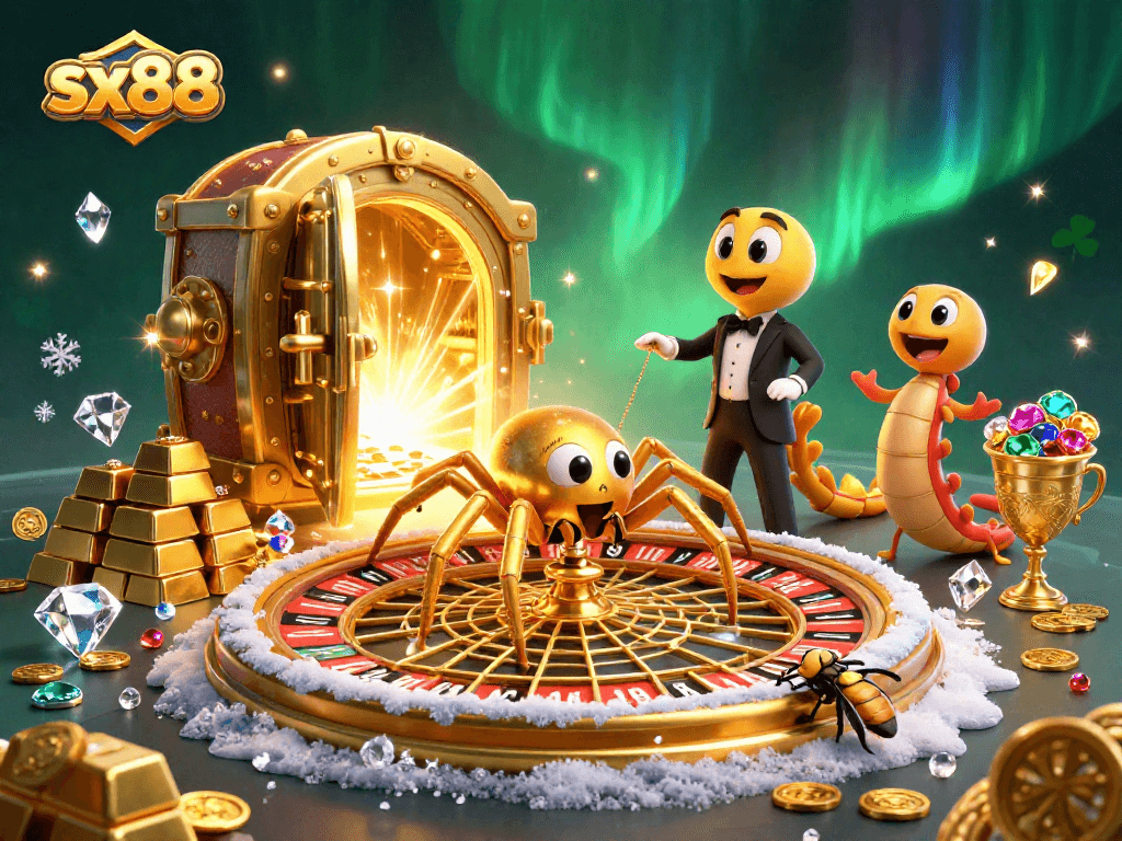 Experience thrilling bets in the sx88 casino with a lively golden spider and croupier scene.