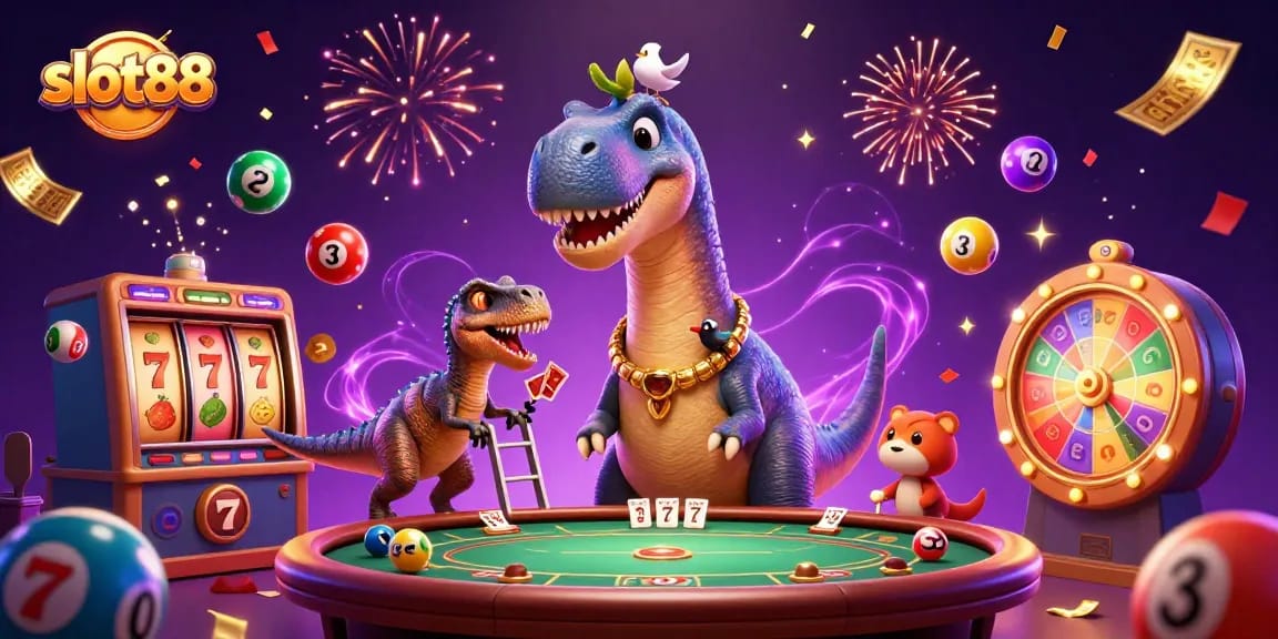 slot88 players engaging with colorful slot reels and dynamic casino elements in a festive atmosphere.