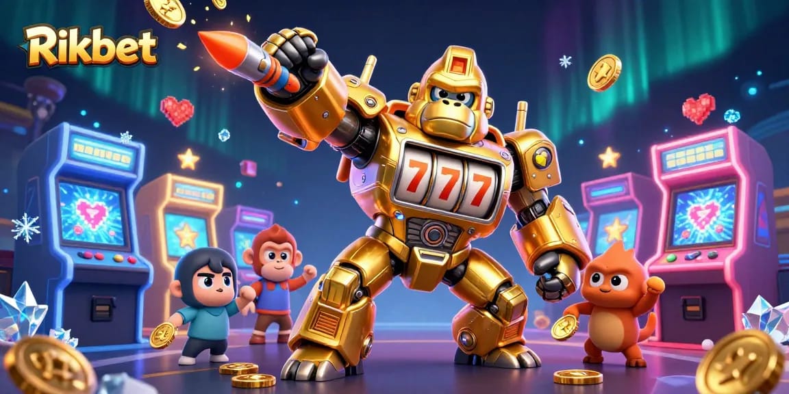 Rikbet offers a thrilling 3D gaming experience featuring a golden gorilla mech amidst dynamic arcade elements.