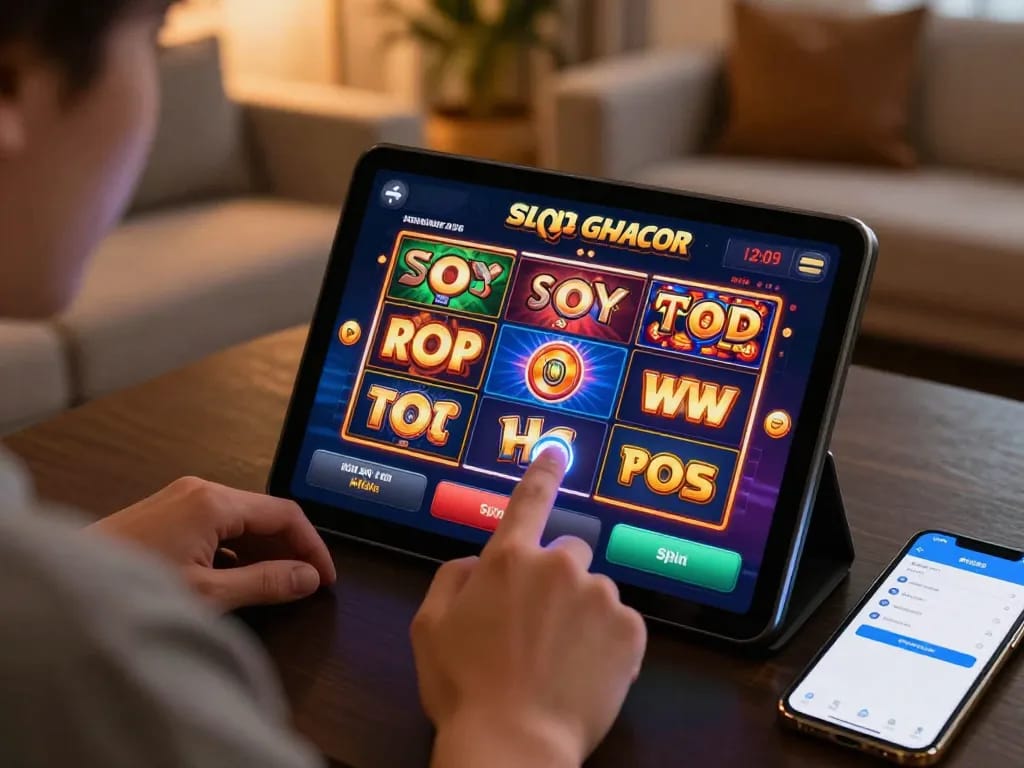 Experience Slot Gacor excitement as the player engages with vibrant online slot machines at home.