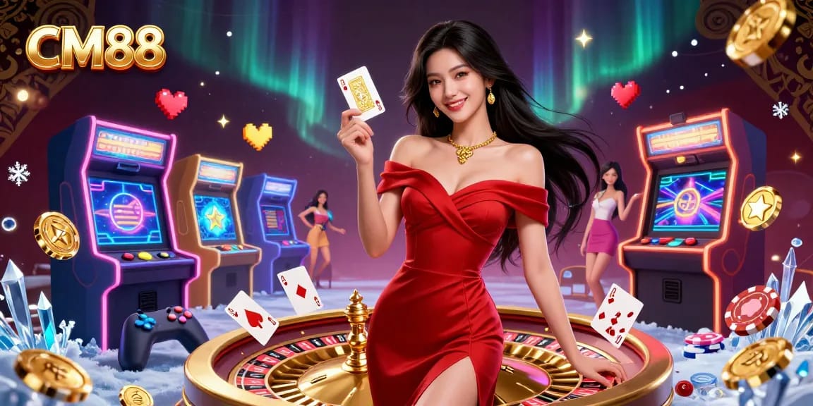 Experience the thrill of casino games at CM88 with a stunning illustration of a glamorous woman by a roulette wheel.