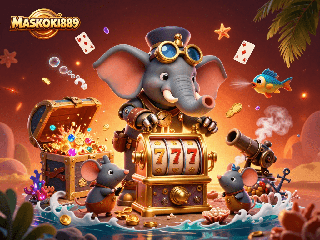 Engage with MASKOKI889's thrilling slots adventure featuring unique steampunk characters and vibrant casino elements.