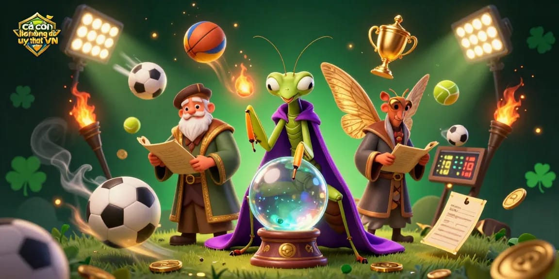 Cá cược bóng đá uy tín VN visuals showcasing a 3D mantis and moth in a sports-themed mystical scene.