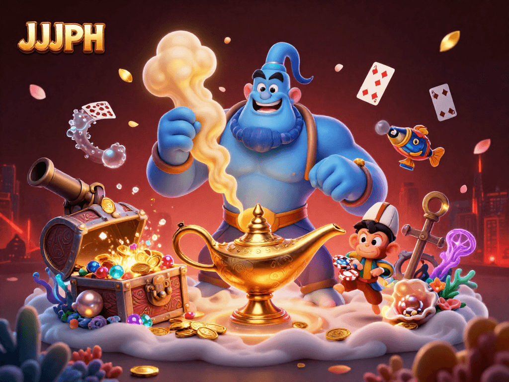 Experience JJJPH excitement with a genie, poker chips, and vibrant underwater treasures.