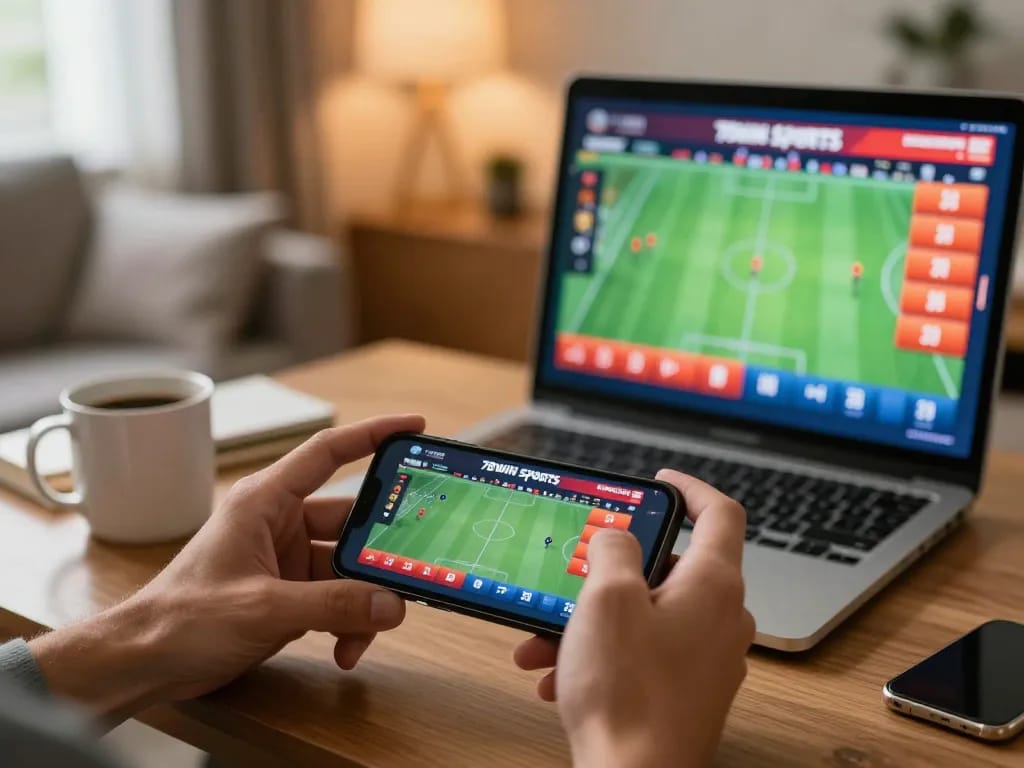 Engaging in sports betting on 78win through a smartphone, showcasing an inviting home setup